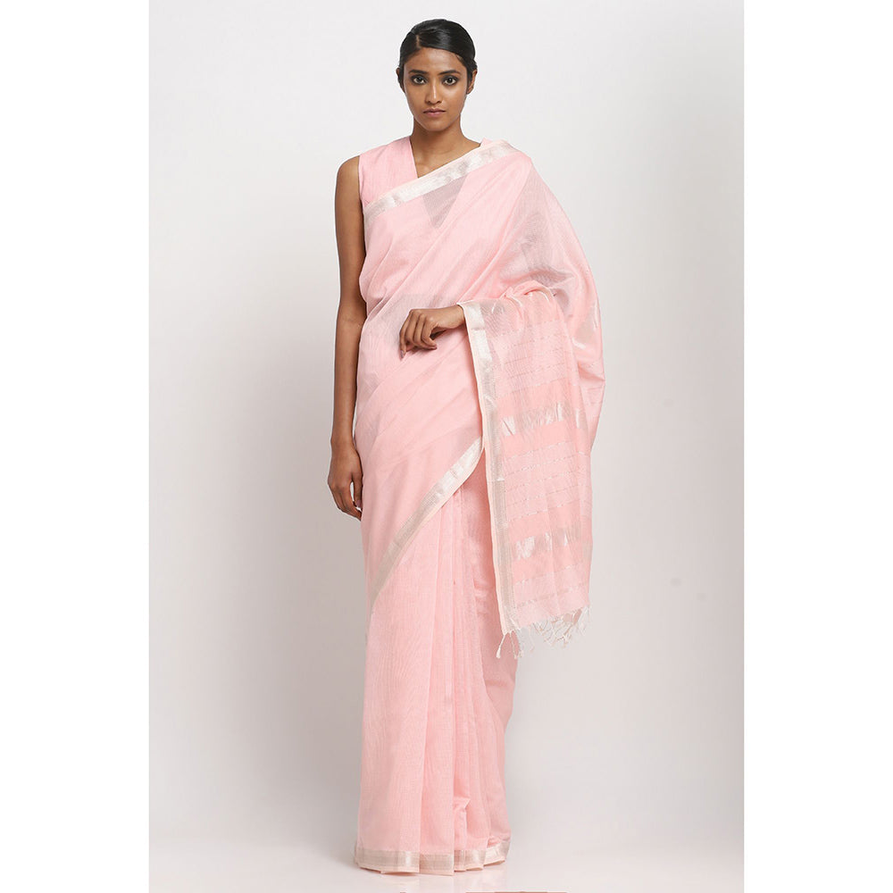 Via East Powder Pink Cotton Traditional Saree With Unstitched Blouse