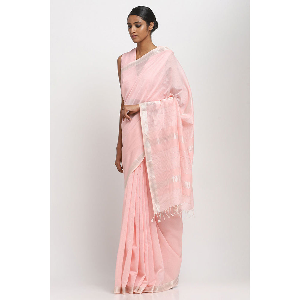 Via East Powder Pink Cotton Traditional Saree With Unstitched Blouse
