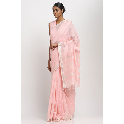 Via East Powder Pink Cotton Traditional Saree With Unstitched Blouse
