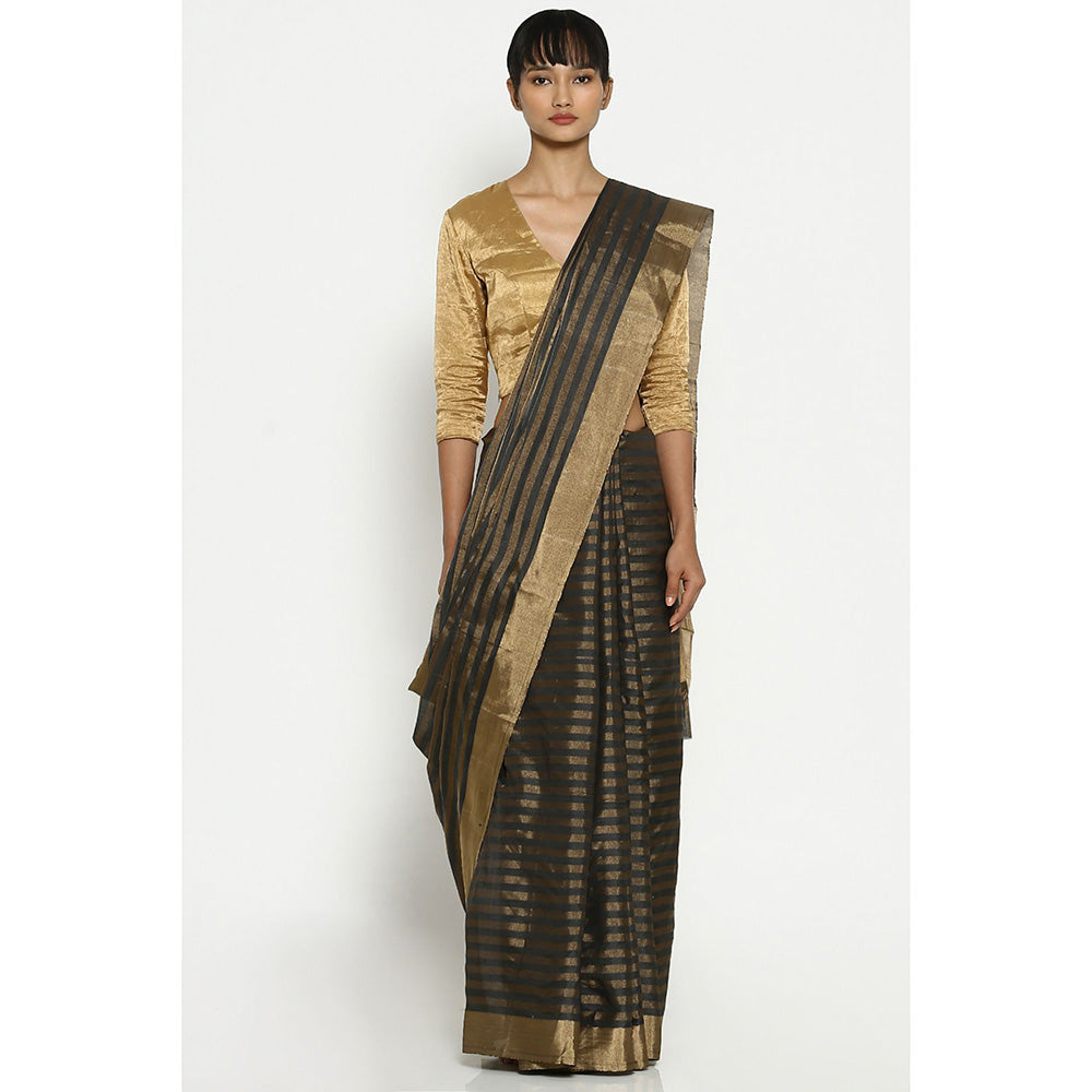 Via East Midnight Grey Striped Chanderi Saree with Unstitched Blouse