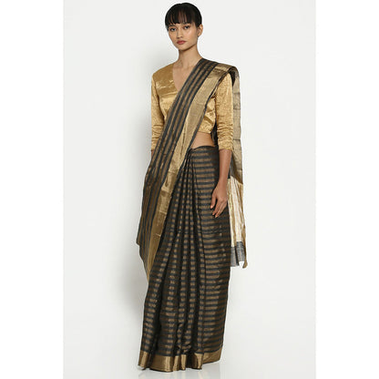 Via East Midnight Grey Striped Chanderi Saree with Unstitched Blouse