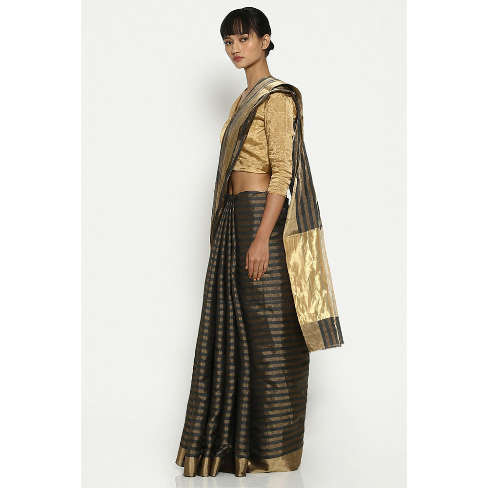 Via East Midnight Grey Striped Chanderi Saree with Unstitched Blouse