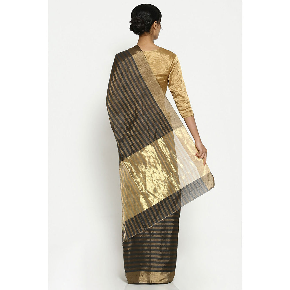 Via East Midnight Grey Striped Chanderi Saree with Unstitched Blouse
