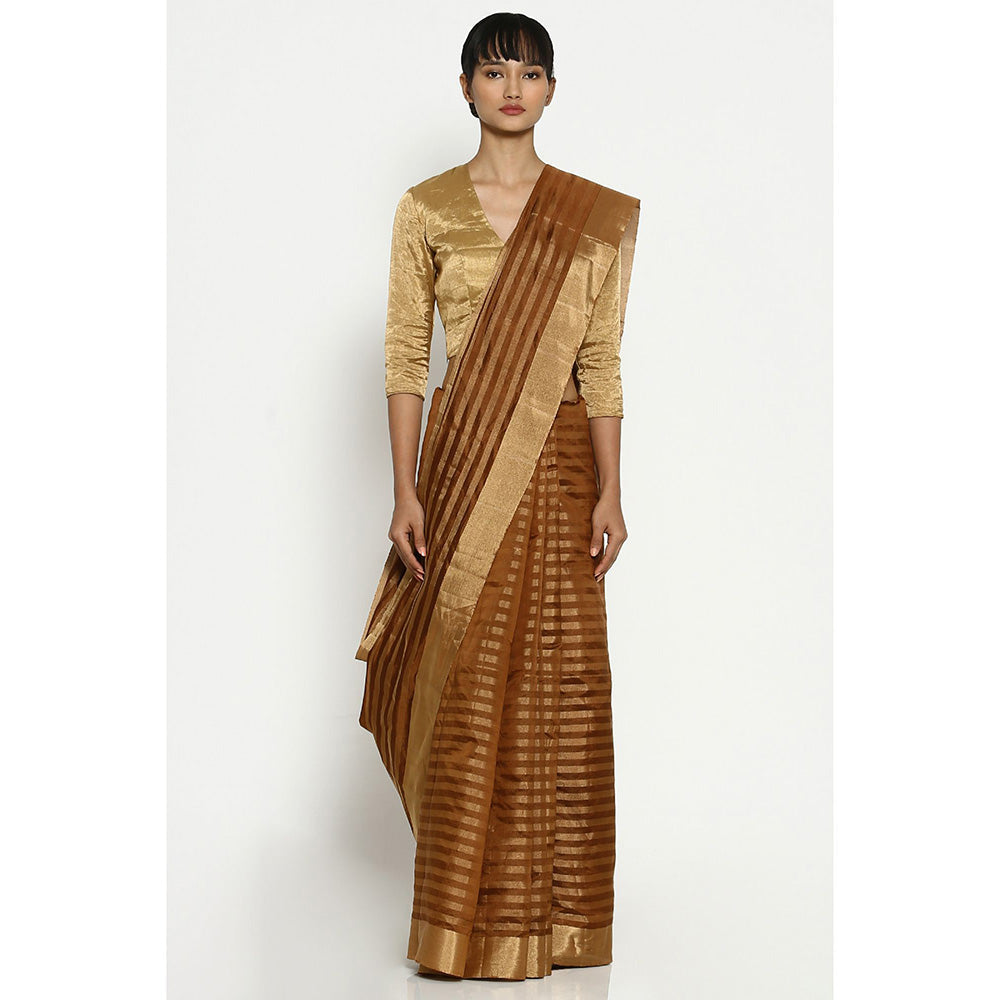 Via East Brown-Gold Striped Chanderi Saree with Unstitched Blouse