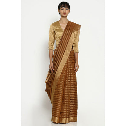 Via East Brown-Gold Striped Chanderi Saree with Unstitched Blouse