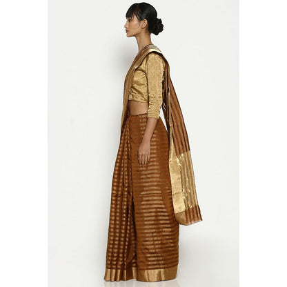 Via East Brown-Gold Striped Chanderi Saree with Unstitched Blouse