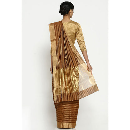 Via East Brown-Gold Striped Chanderi Saree with Unstitched Blouse