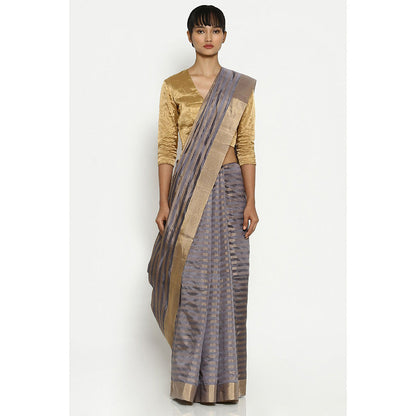 Via East Grey-Gold Striped Chanderi Saree with Unstitched Blouse