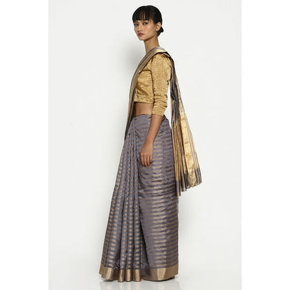 Via East Grey-Gold Striped Chanderi Saree with Unstitched Blouse