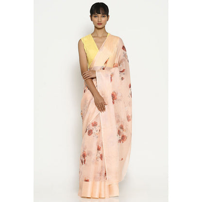 Via East Soft Peach Kota Silk Floral Saree with Unstitched Blouse