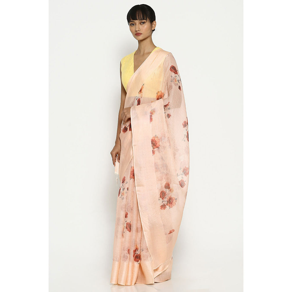 Via East Soft Peach Kota Silk Floral Saree with Unstitched Blouse