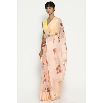 Via East Soft Peach Kota Silk Floral Saree with Unstitched Blouse
