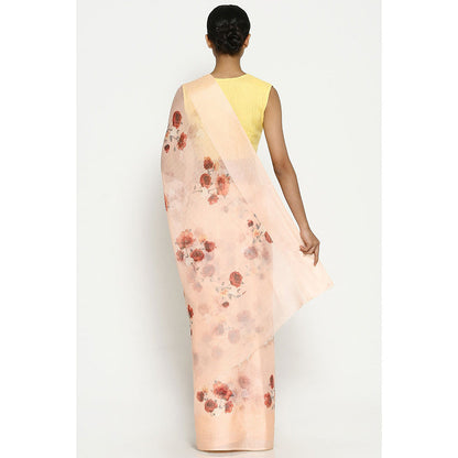 Via East Soft Peach Kota Silk Floral Saree with Unstitched Blouse