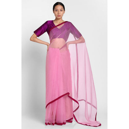Via East Pink Organza Saree with Satin Piping with Unstitched Blouse