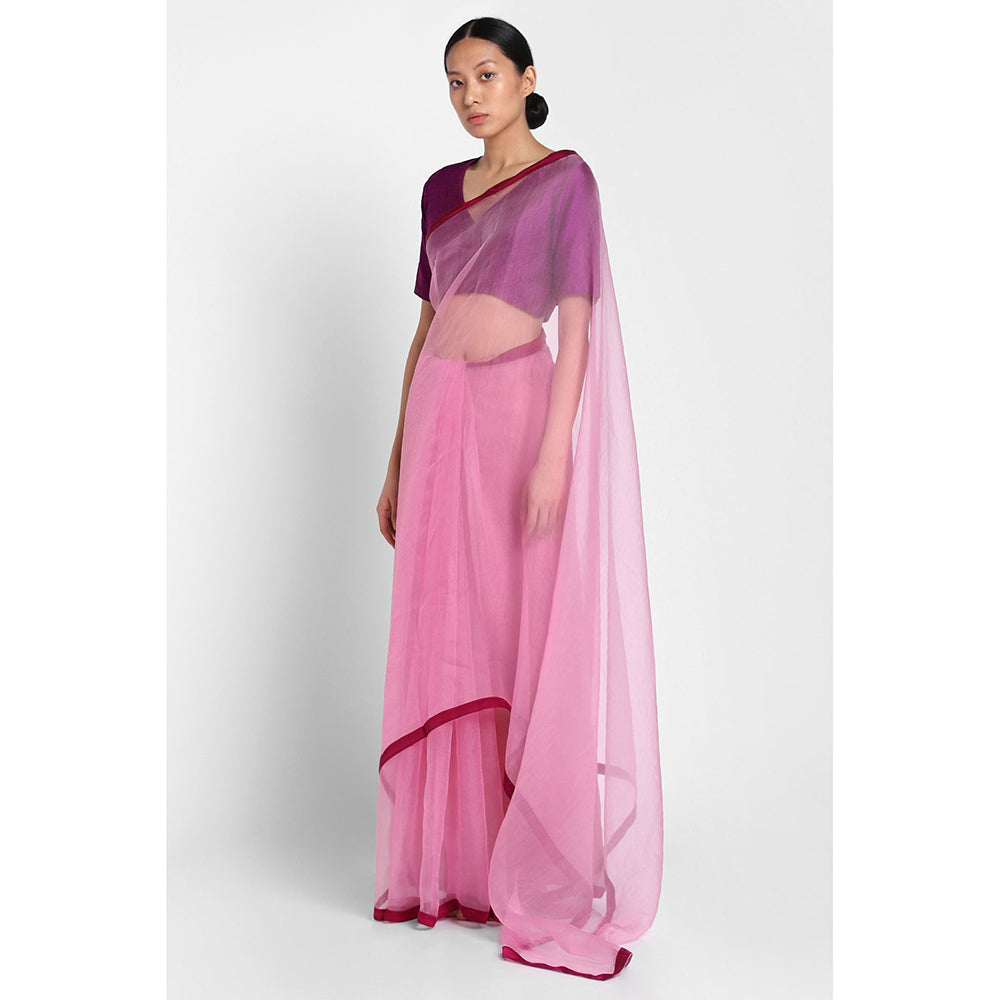 Via East Pink Organza Saree with Satin Piping with Unstitched Blouse