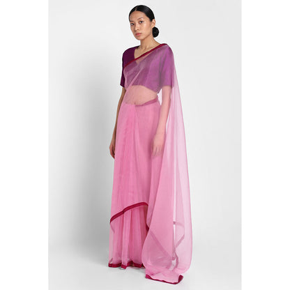 Via East Pink Organza Saree with Satin Piping with Unstitched Blouse