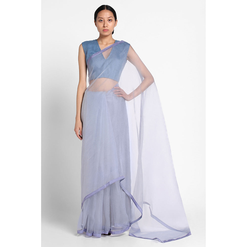Via East Cloud Blue Organza Saree with Satin Piping with Unstitched Blouse