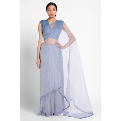 Via East Cloud Blue Organza Saree with Satin Piping with Unstitched Blouse