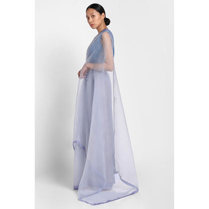Via East Cloud Blue Organza Saree with Satin Piping with Unstitched Blouse