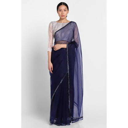 Via East Navy Blue Organza Sequin Celeste Saree