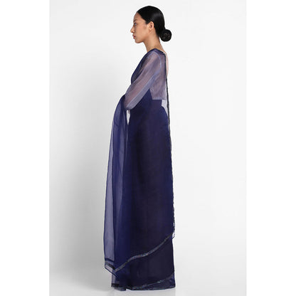 Via East Navy Blue Organza Sequin Celeste Saree