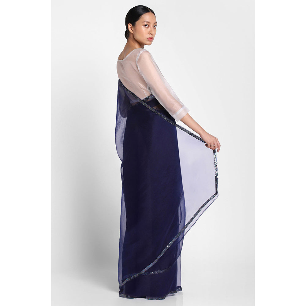 Via East Navy Blue Organza Sequin Celeste Saree
