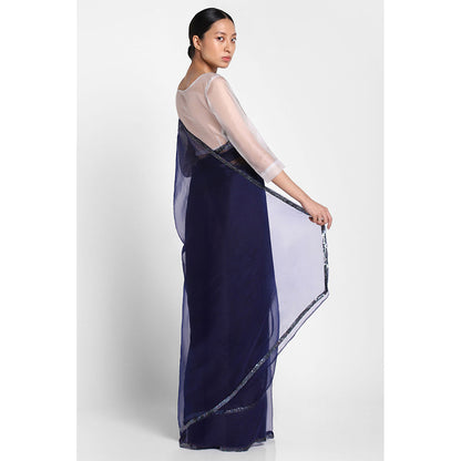 Via East Navy Blue Organza Sequin Celeste Saree
