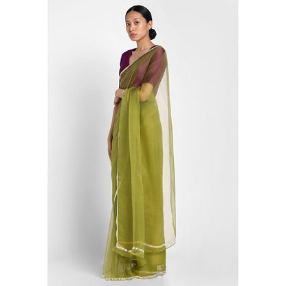 Via East Leaf Green Organza Sequin Celeste Saree