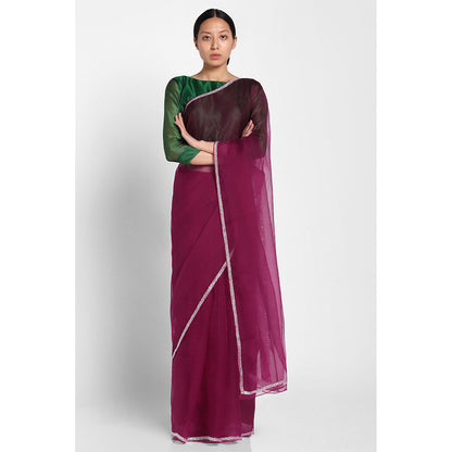 Via East Maroon Organza Sequin Celeste Saree