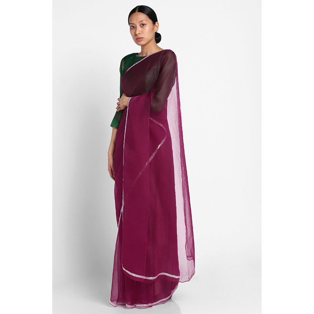 Via East Maroon Organza Sequin Celeste Saree