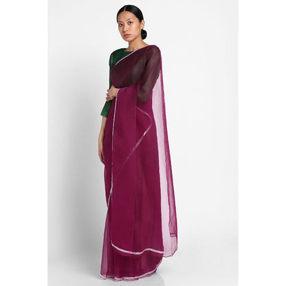 Via East Maroon Organza Sequin Celeste Saree