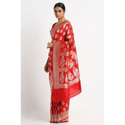 Via East Scarlet Silk Banarasi Saree with Unstitched Blouse