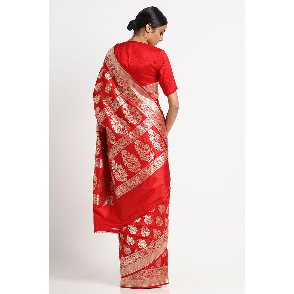 Via East Scarlet Silk Banarasi Saree with Unstitched Blouse