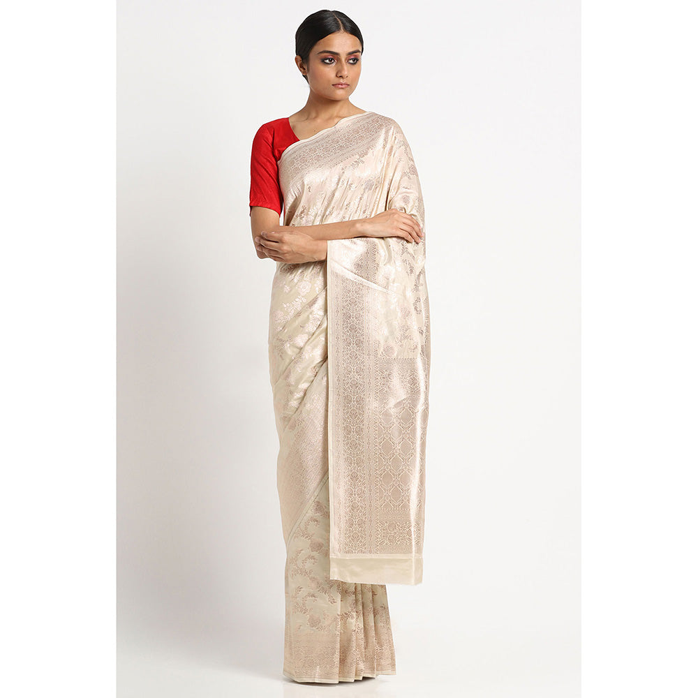 Via East Ivory Silk Banarasi Saree with Unstitched Blouse