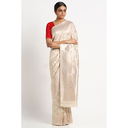 Via East Ivory Silk Banarasi Saree with Unstitched Blouse