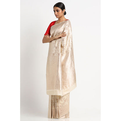 Via East Ivory Silk Banarasi Saree with Unstitched Blouse