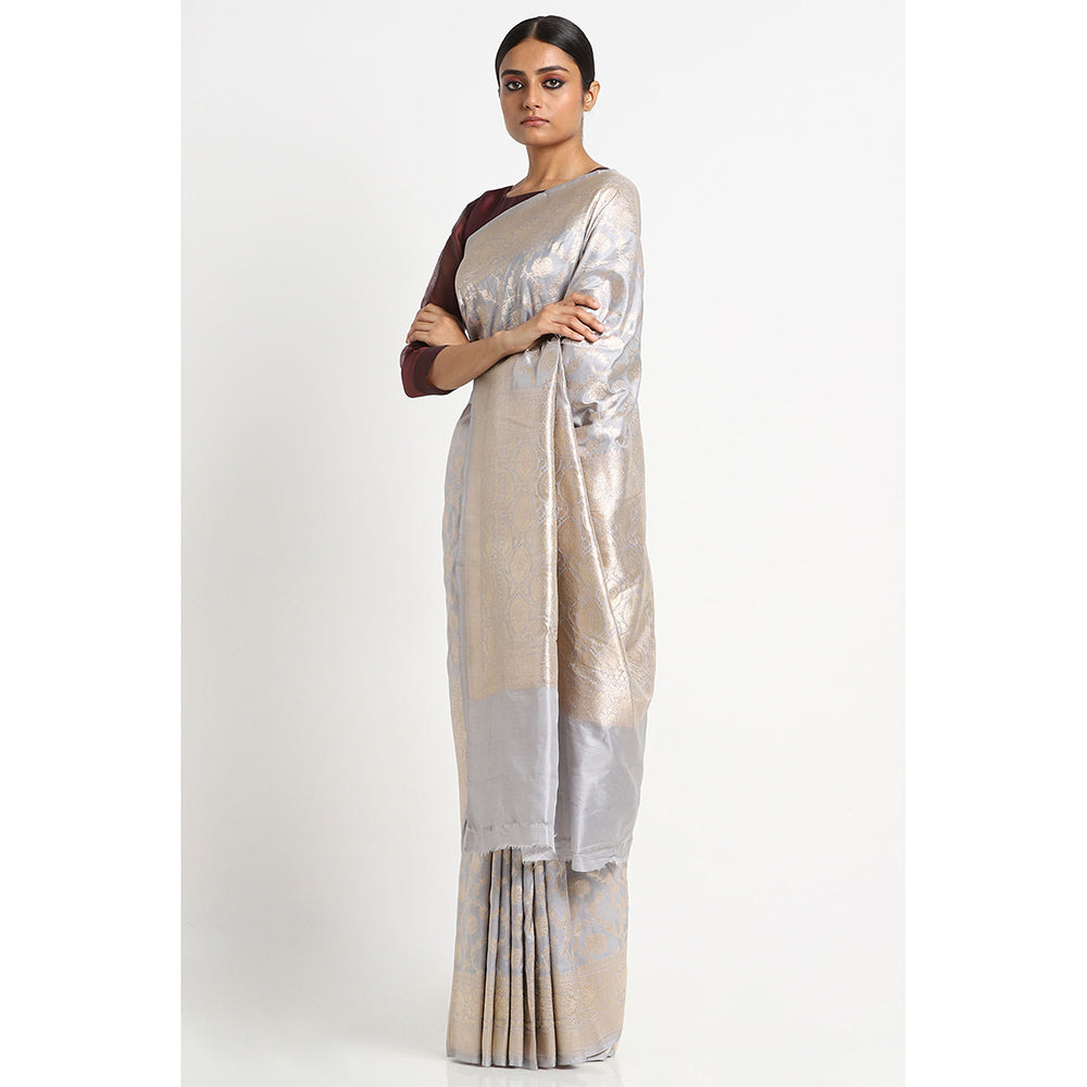 Via East Grey Silk Banarasi Saree with Unstitched Blouse