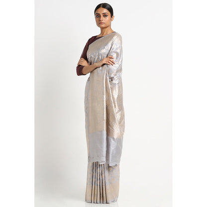 Via East Grey Silk Banarasi Saree with Unstitched Blouse