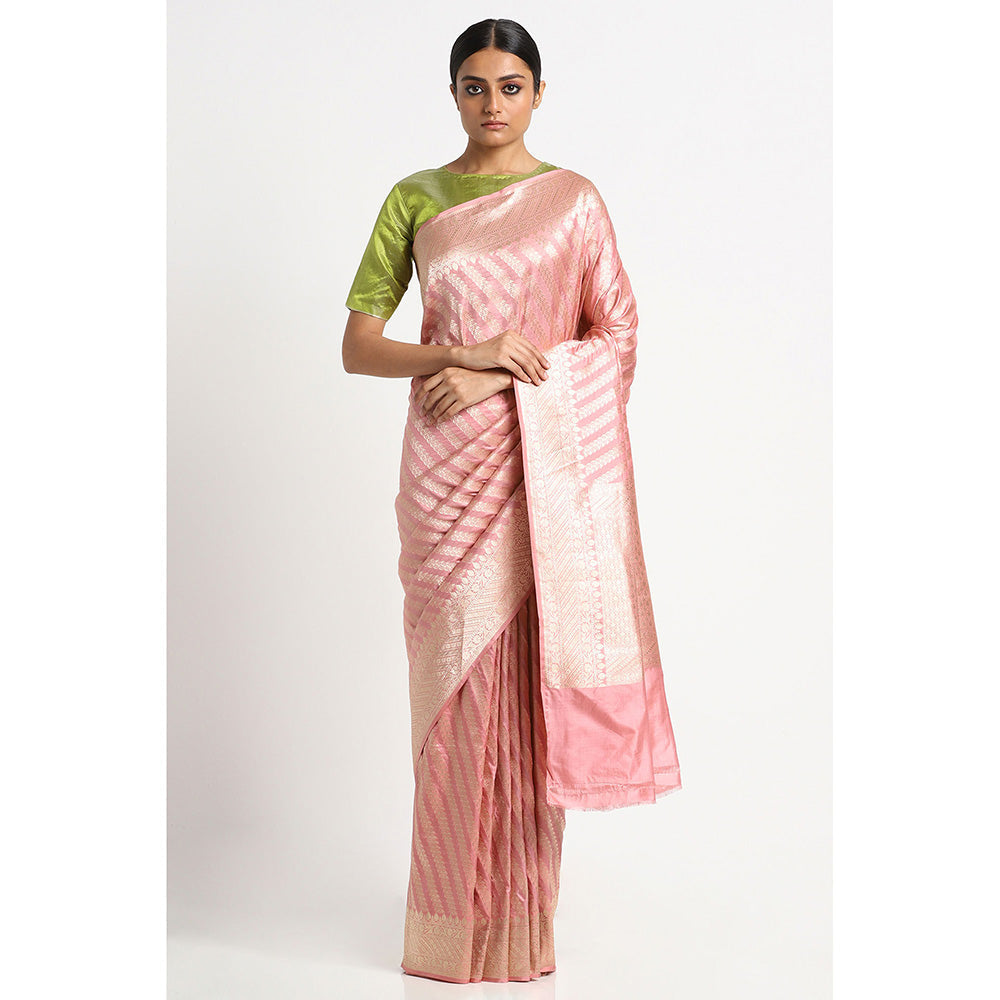 Via East Blush Pink Silk Banarasi Saree with Unstitched Blouse