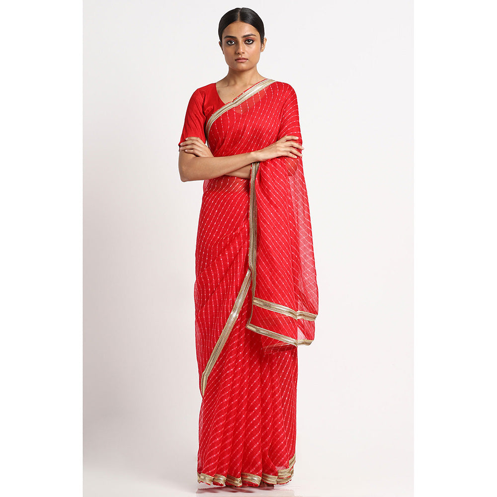 Via East Red Kota Silk Leheriya Saree