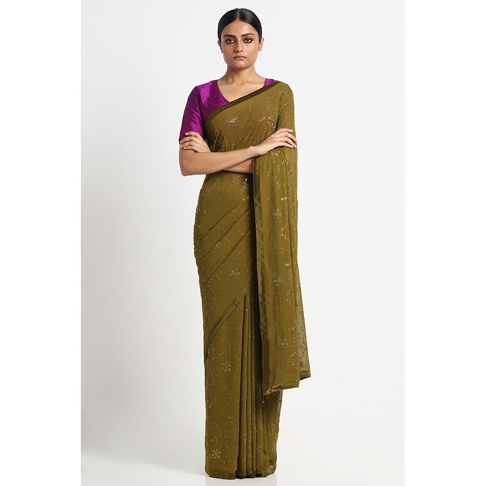 Via East Olive Green Georgette Embroidered Sequins Saree