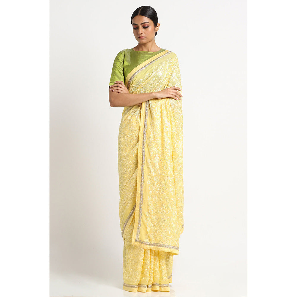 Via East Daisy Yellow Georgette Embroidered Embellished Saree