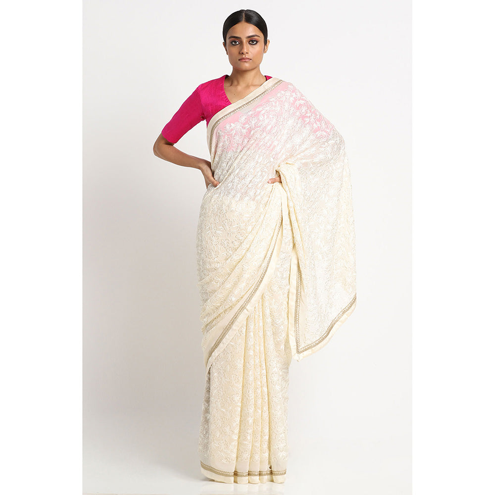 Via East Ivory Yellow Georgette Embroidered Embellished Saree
