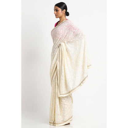 Via East Ivory Yellow Georgette Embroidered Embellished Saree
