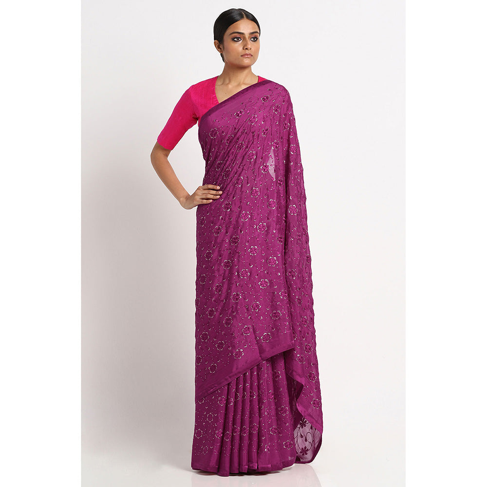 Via East Wine Georgette Embroidered Embellished Saree