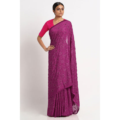 Via East Wine Georgette Embroidered Embellished Saree