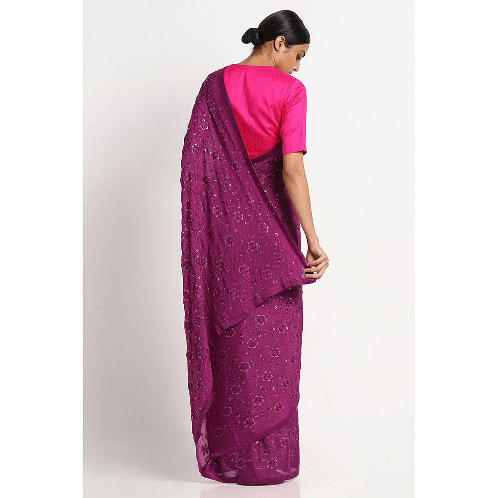 Via East Wine Georgette Embroidered Embellished Saree