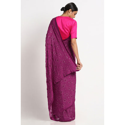 Via East Wine Georgette Embroidered Embellished Saree