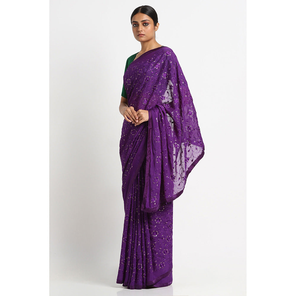 Via East Purple Georgette Embroidered Embellished Saree