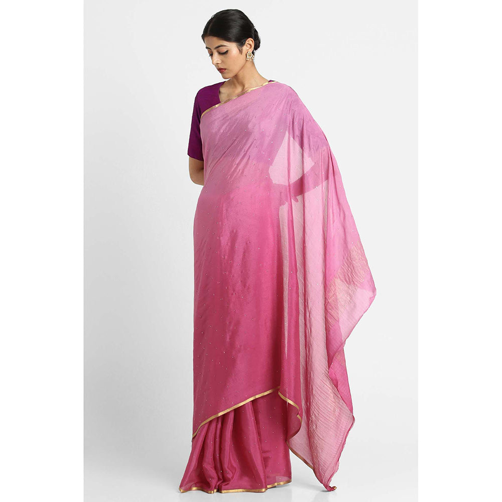 Via East Onion Pink Ombre Mukaish Crepe Saree with Unstitched Blouse